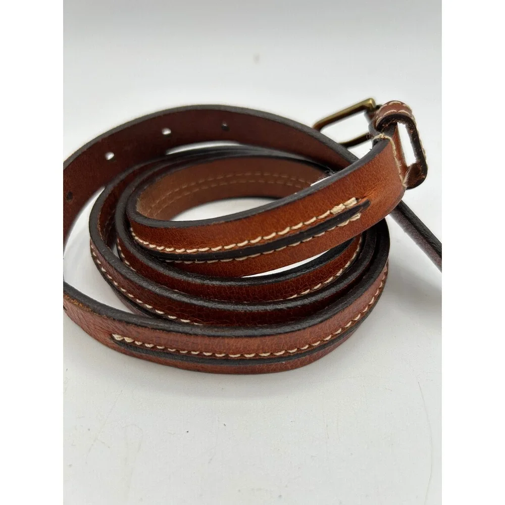 Lands End SKinny Leather Belt Women XL Cognac Brown Contrast Stitch Brass Buckle